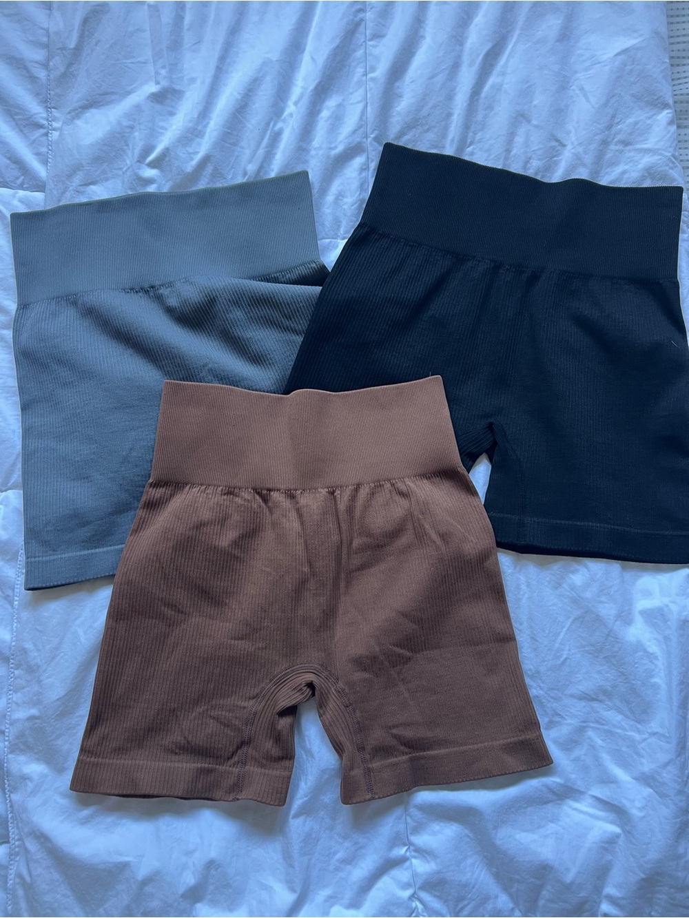 Seamless Ribbed High-Waist Bike Shorts Trio - Black, Gray, Brown